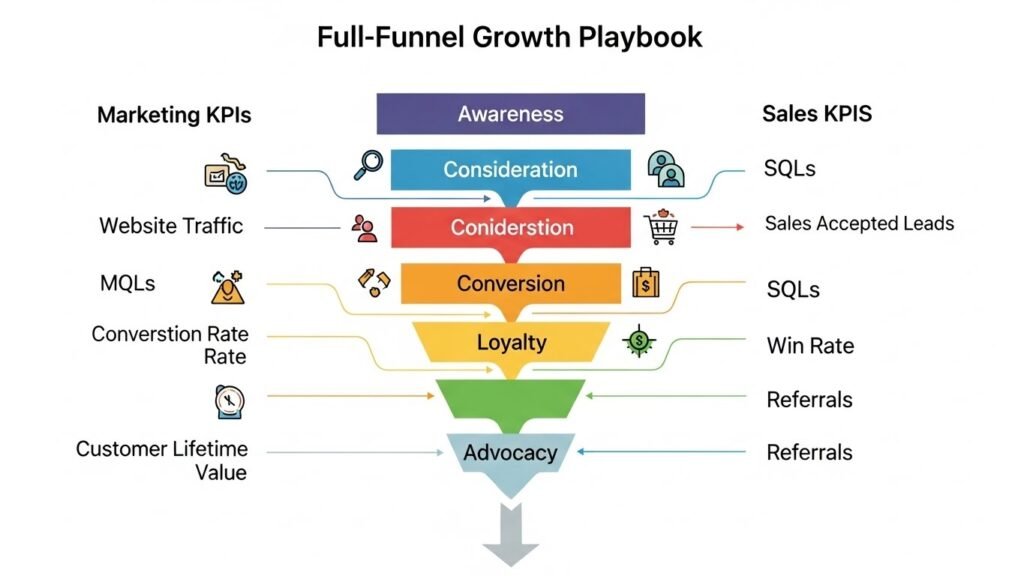 Full-funnel diagram by B2B SaaS marketing agency for US growth strategies