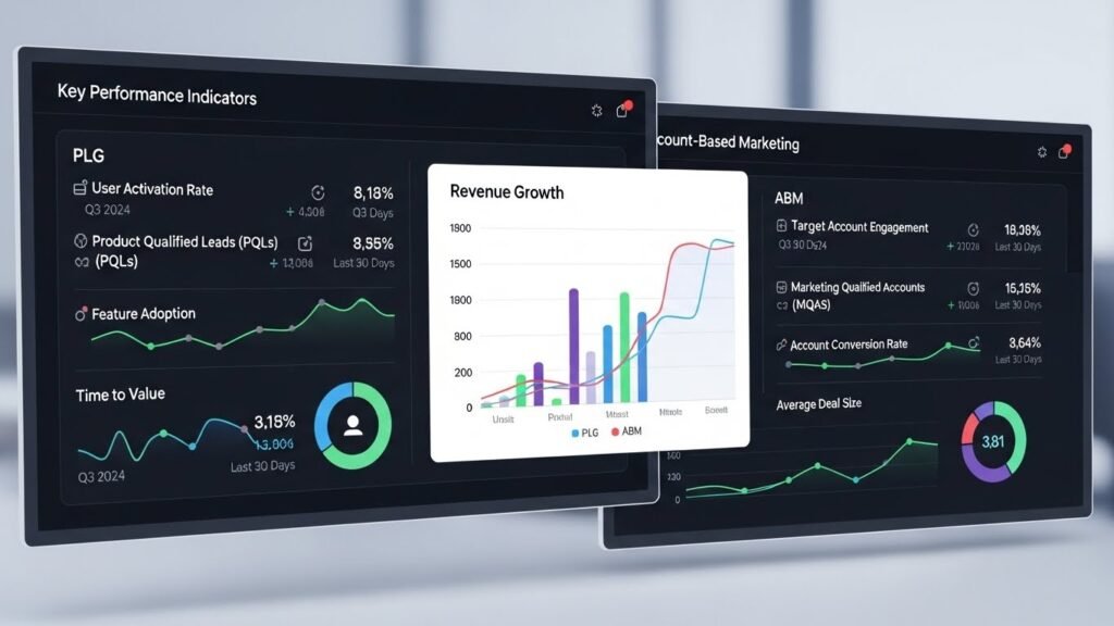 Infographic comparing product-led growth and account-based marketing strategies for saas sales scaling.