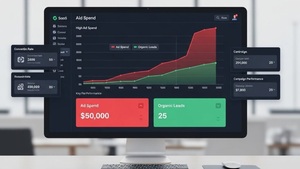 B2B SaaS content strategy dashboard comparing ad costs to organic lead growth