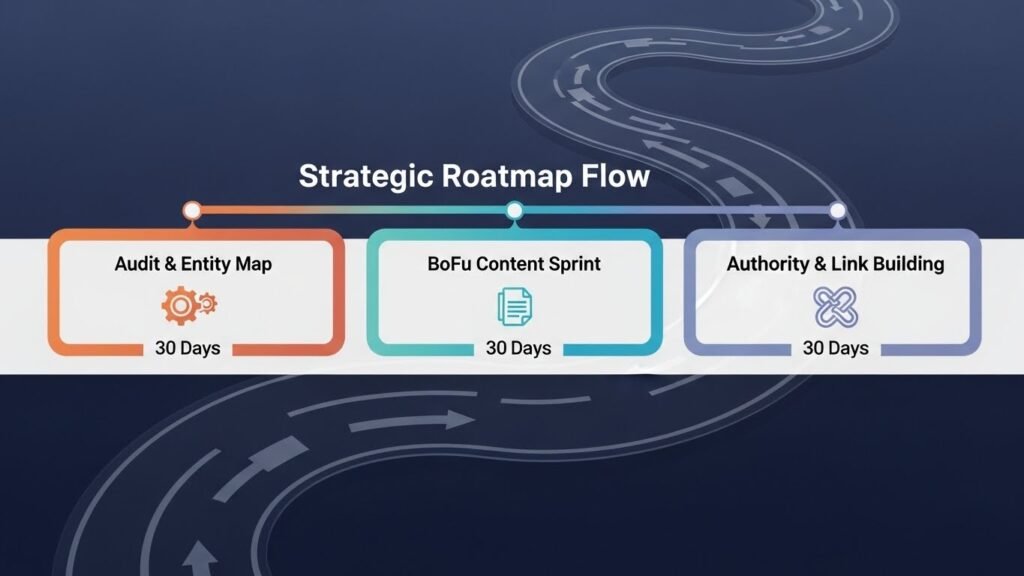 90-day SaaS SEO roadmap timeline detailing technical audits, bottom-of-funnel content creation, and high-DR link acquisition strategies for startups.