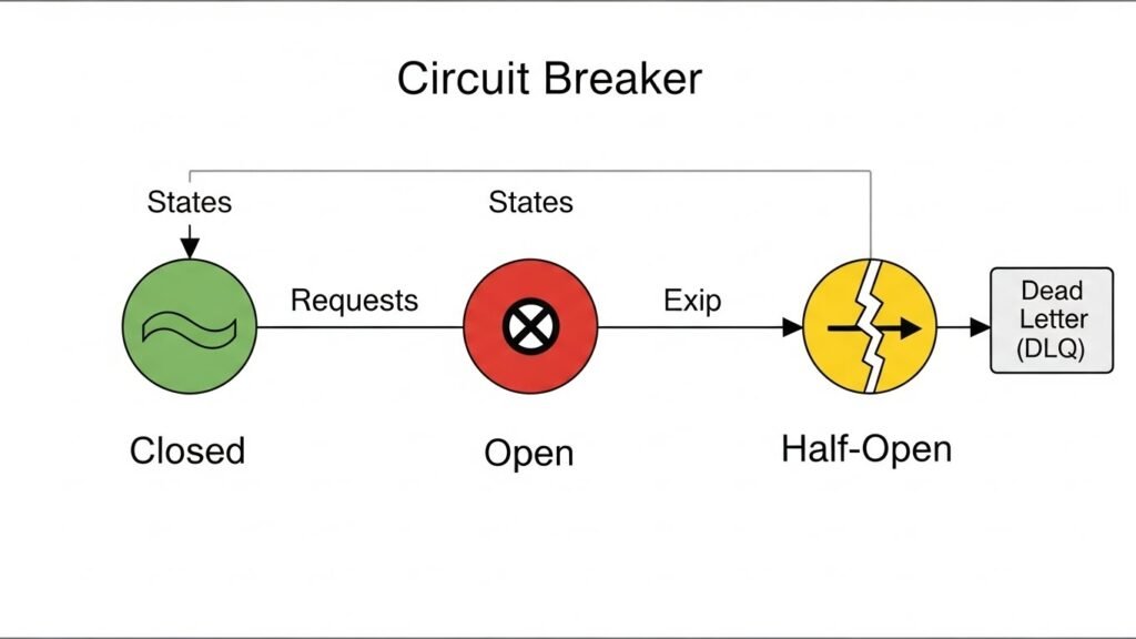 Circuit breaker pattern diagram showing failure prevention and Dead Letter Queue (DLQ) logic for high-scale event consumers.