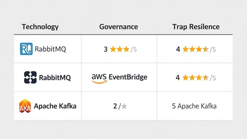 Comparative analysis of event streaming tools like Apache Kafka and AWS EventBridge based on governance features and platform event trap resilience