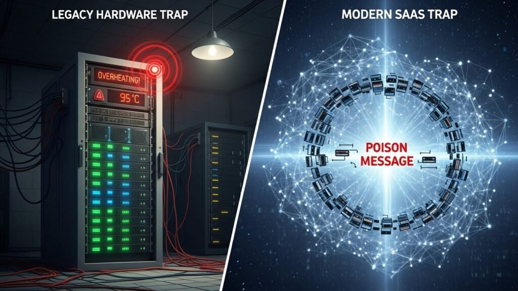 Comparison between legacy hardware SNMP traps and modern SaaS architectural anti-patterns in microservices event-driven designs.