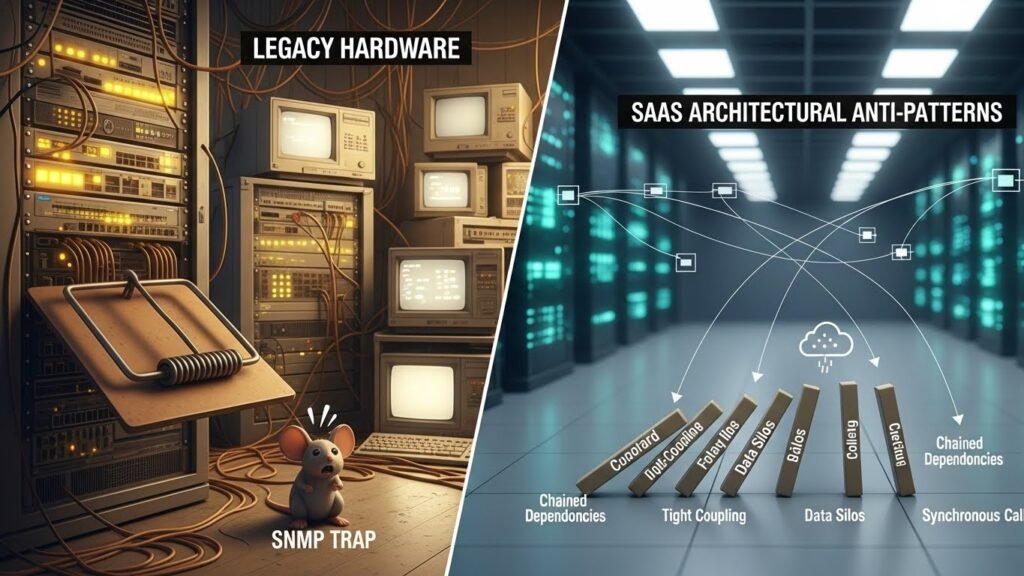 Comparison chart between legacy hardware SNMP traps and modern SaaS microservices platform event traps for 2026 architectural standards.