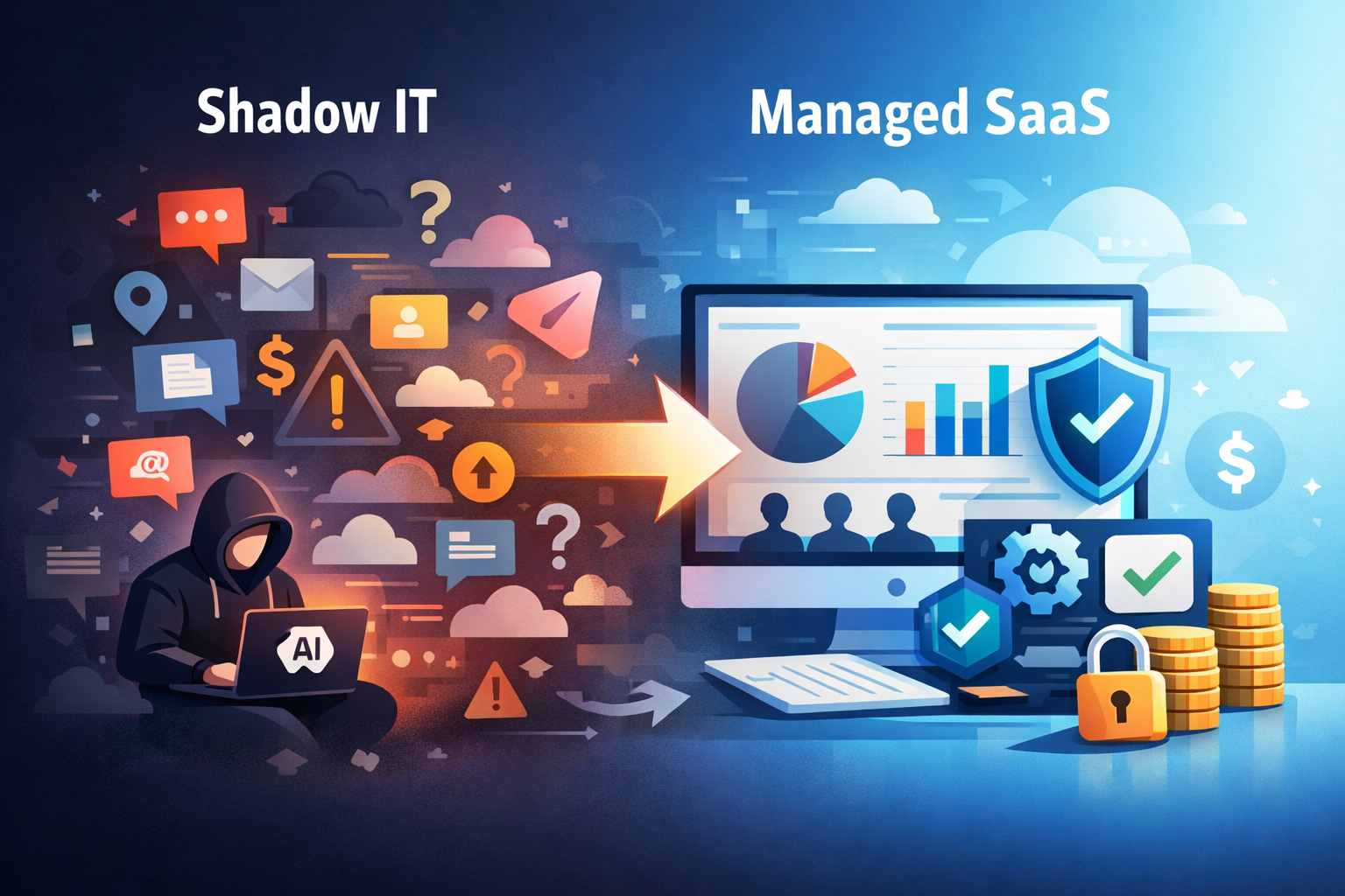 Conceptual illustration showing the transition from unmanaged Shadow IT to a centralized SaaS management inventory with visibility, cost optimization, and security governance.