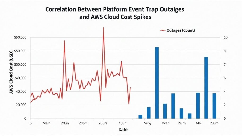 Graph showing the correlation between Platform Event Trap outages and AWS cloud cost spikes.
