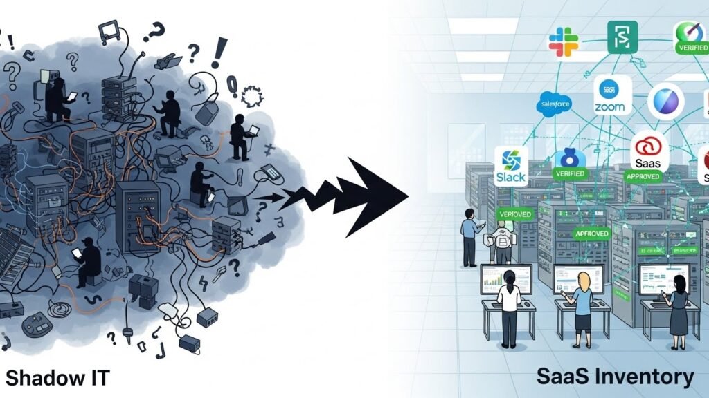 Infographic-style-visual-explaining-SaaS-license-optimization-and-rightsizing-highlighting-unused-licenses-cost-savings-opportunities-and-improved-software-utilization
