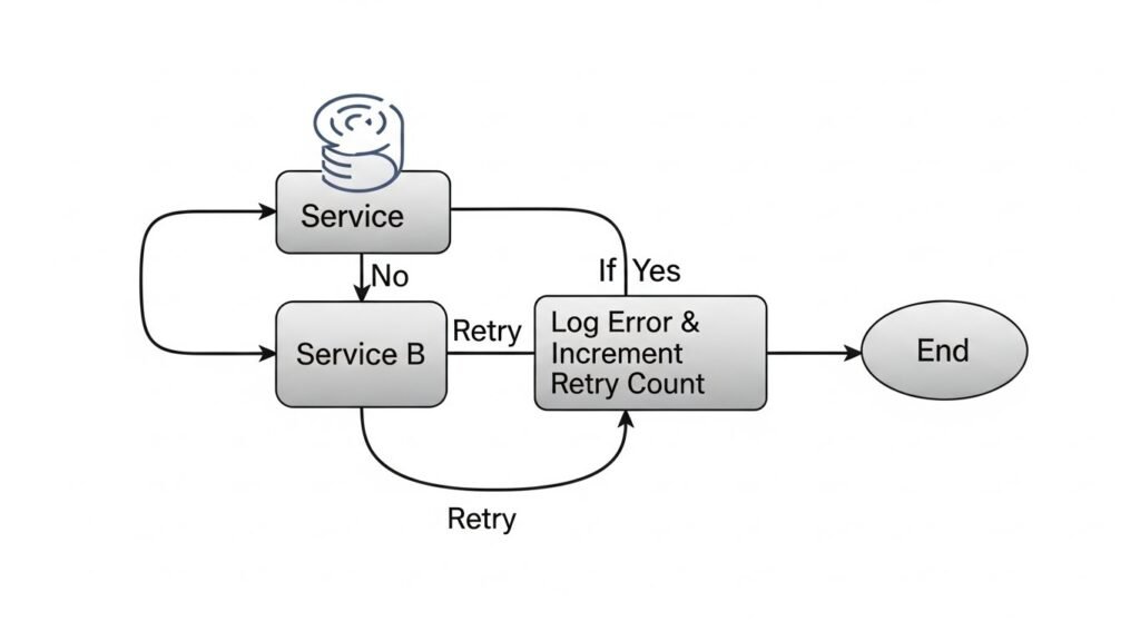 Technical flowchart illustrating a poison message death spiral and infinite retry loops in an event-driven SaaS architecture.