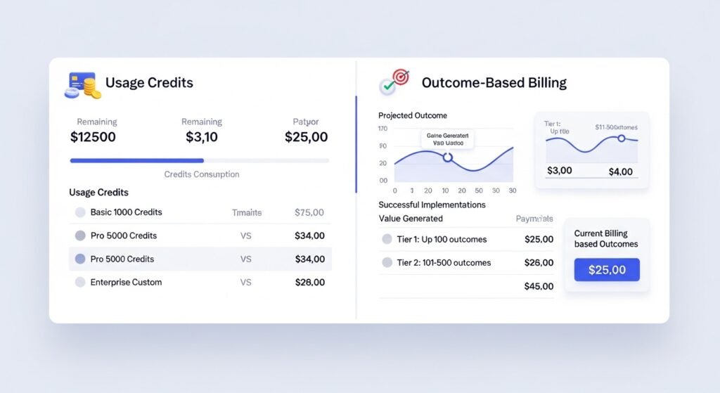 Comparison chart of modern AI SaaS pricing strategies including credit-based systems and the new 2026 outcome-based autonomous billing.