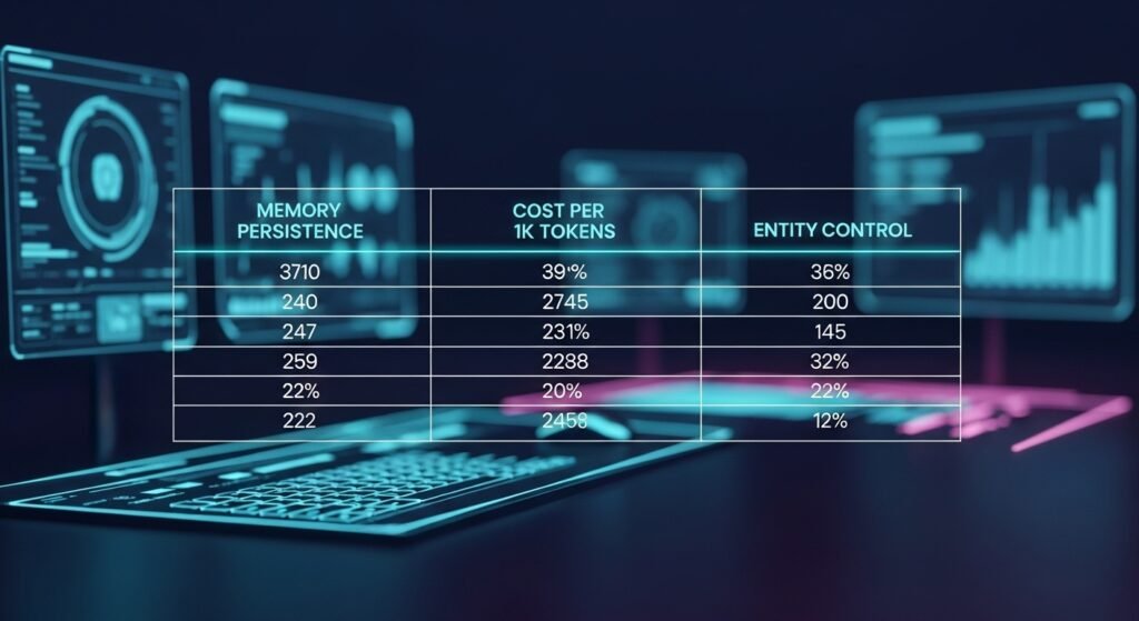 Infographic table comparing memory persistence and cost efficiency of leading AI storytelling engines.