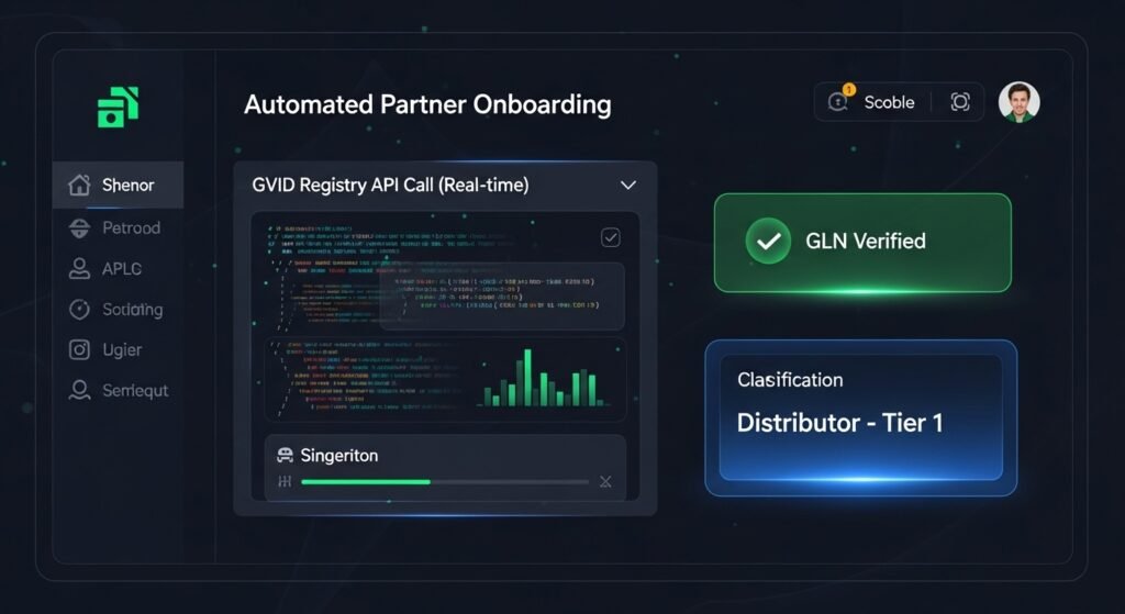 : A user interface design showing an ERP dashboard automating B2B partner classification using GVID and GLN data.