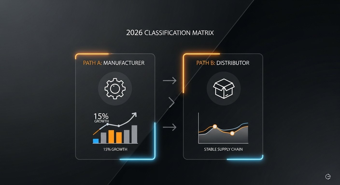 Infographic displaying b2b manufacturer distributor classification criteria including 15 percent value-add threshold and HS code transformation logic.