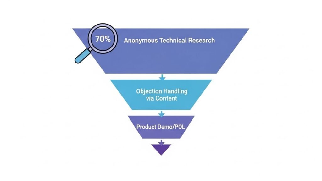 B2B SaaS buying journey funnel showing how a product-led SEO strategy converts anonymous research into product qualified leads (PQLs) before sales contact.