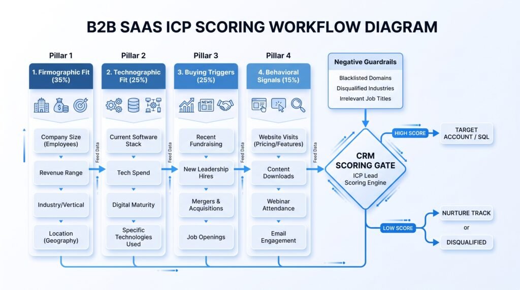 B2B SaaS ICP scoring rubric definition framework showing firmographic weights.