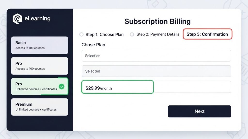 b2c elearning companies recurring payments billing workflow