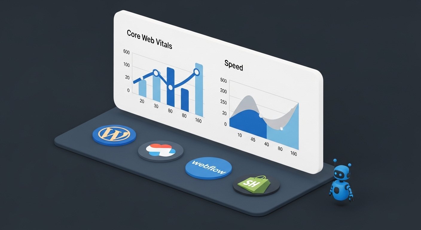 Technical SEO comparison chart of WordPress, Webflow and Shopify for 2026 rankings.