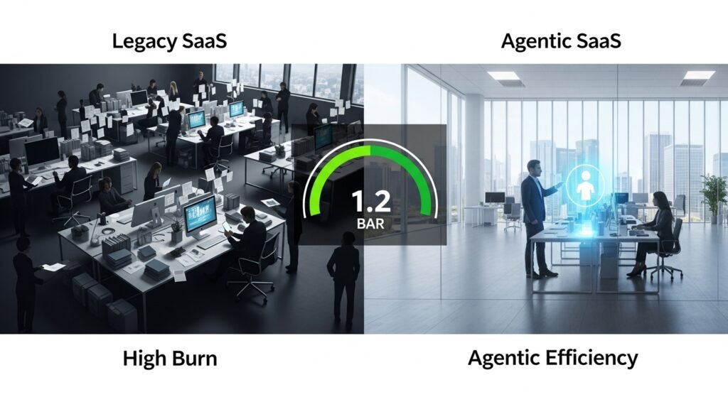 Burn-to-Agentic Ratio (BAR) model showing SaaS efficiency shift in 2026 A conceptual comparison between high-burn legacy SaaS models and high-efficiency agentic SaaS models showing the 1.2 BAR ratio benchmark.