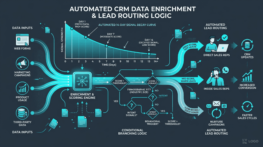 CRM automation workflow showing data enrichment, signal decay, and lead routing for B2B SaaS.