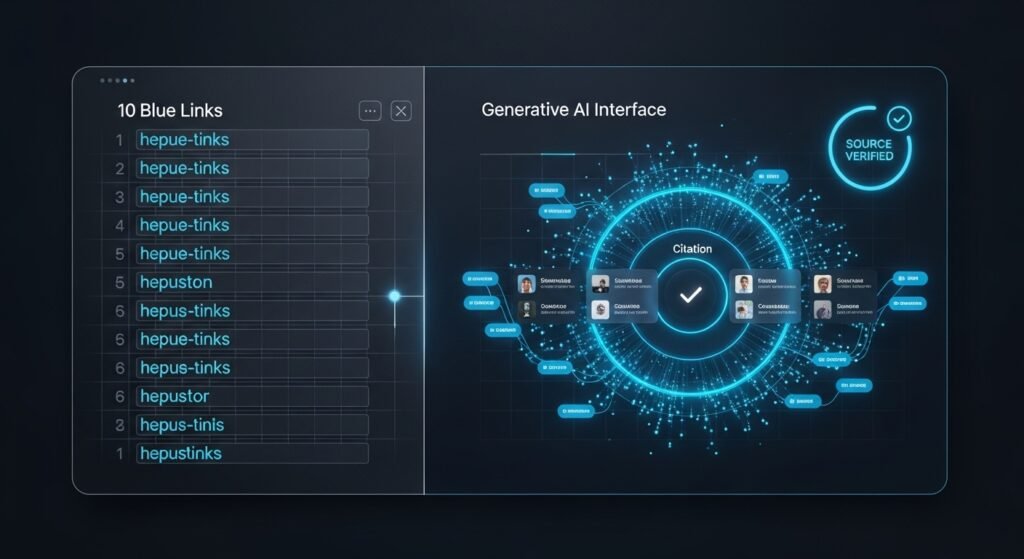 A 3D comparison infographic showing the transition from traditional Google blue links to generative search interfaces with citation carousels for GEO optimization.