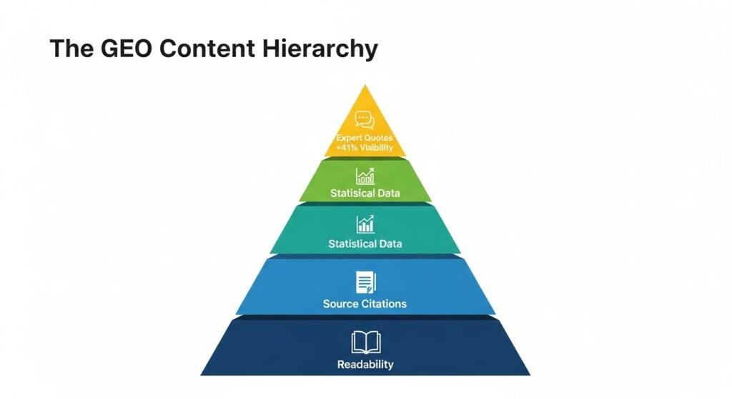 A pyramid diagram ranking Generative Engine Optimization factors by their visibility impact, featuring expert quotes, statistics, and source citations as top signals
