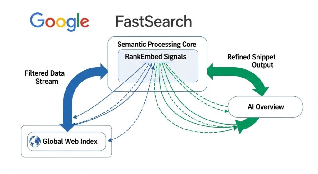 A technical flow chart explaining the Google FastSearch document retrieval process and how RankEmbed signals prioritize semantic relevance over domain authority.