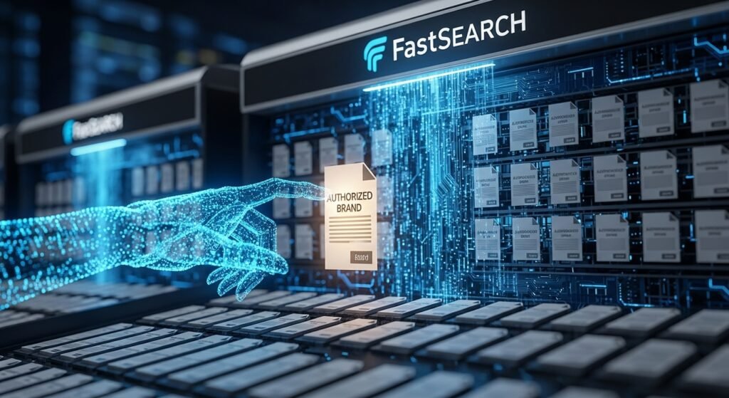 Visualization of Google FastSearch technology selecting a niche brand for an AI Overview based on RankEmbed signals and semantic patterns.