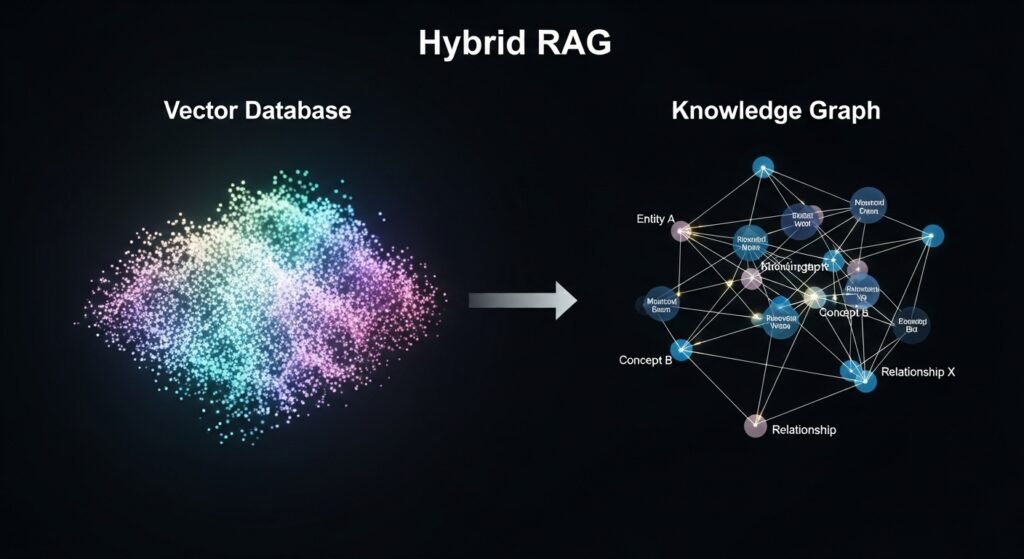 Technical diagram of Hybrid RAG combining Vector Databases and Knowledge Graphs for archiving.