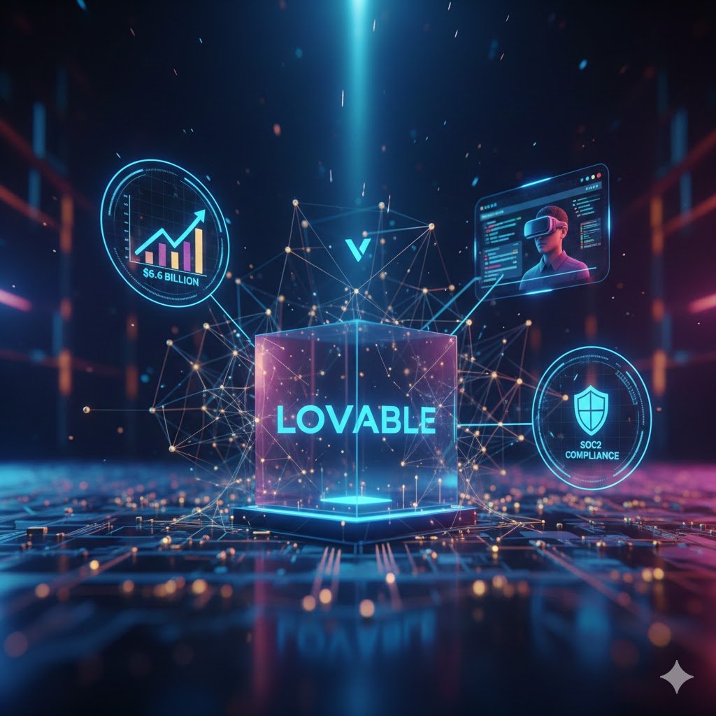 Futuristic 3D visualization of Lovable AI platform showing a $6.6 billion growth chart, agentic workflow cube, and SOC2 security badge.