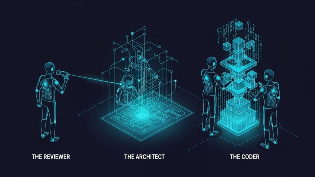 Isometric diagram explaining how Lovable’s multi-agent architecture orchestrates code generation, security auditing, and deployment.