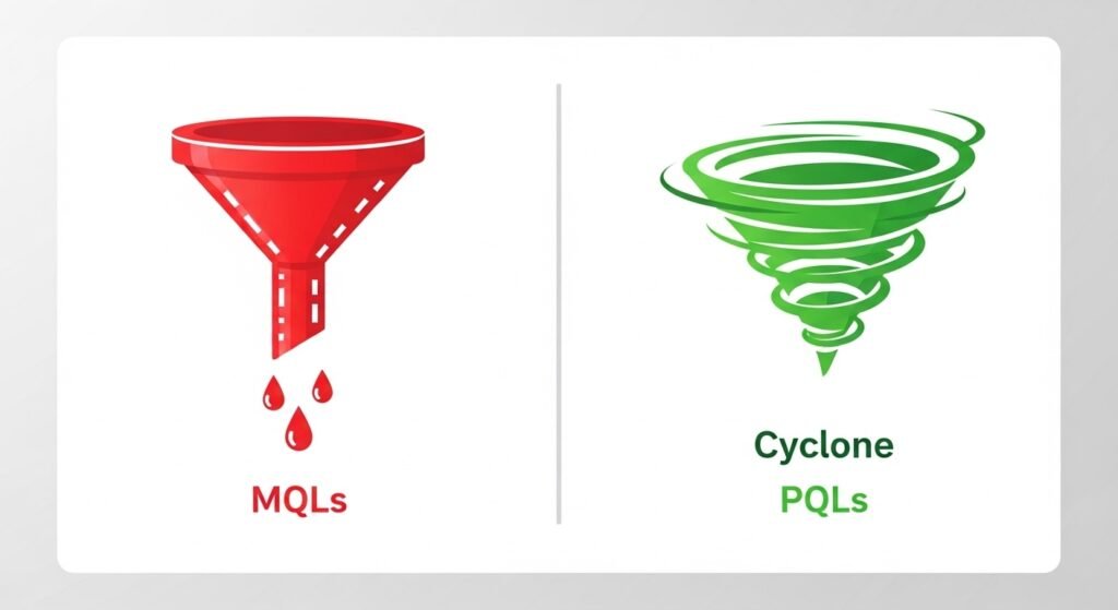  Infographic comparing Marketing Qualified Leads (MQL) versus Product Qualified Leads (PQL) showing the 42% higher LTV associated with PQL-led SaaS marketing.