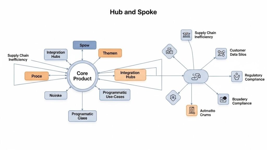 Product-led growth SEO architecture diagram illustrating programmatic SEO scaling for integration hubs and vertical SaaS use-case pages.
