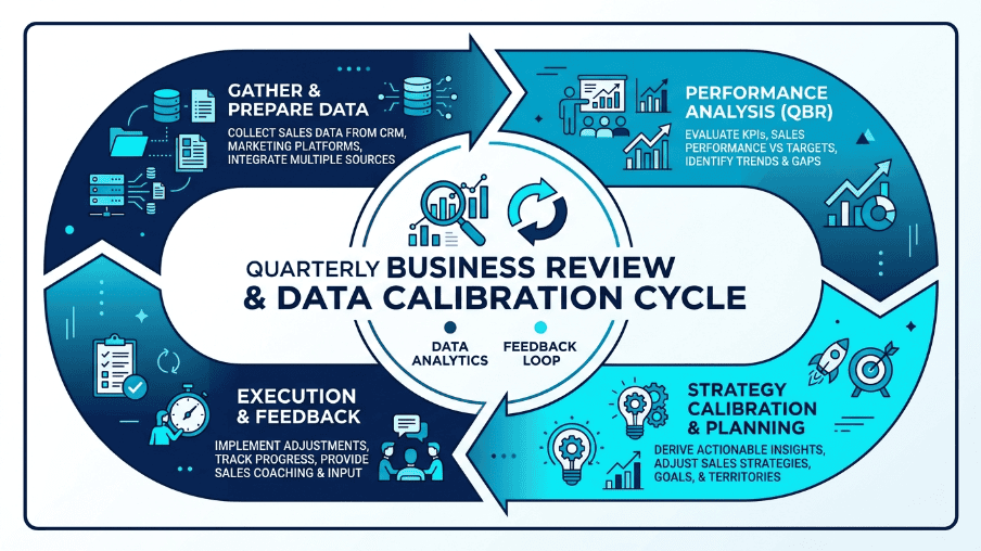 Quarterly calibration cycle diagram for B2B SaaS ICP scoring rubric and closed-won data audit.