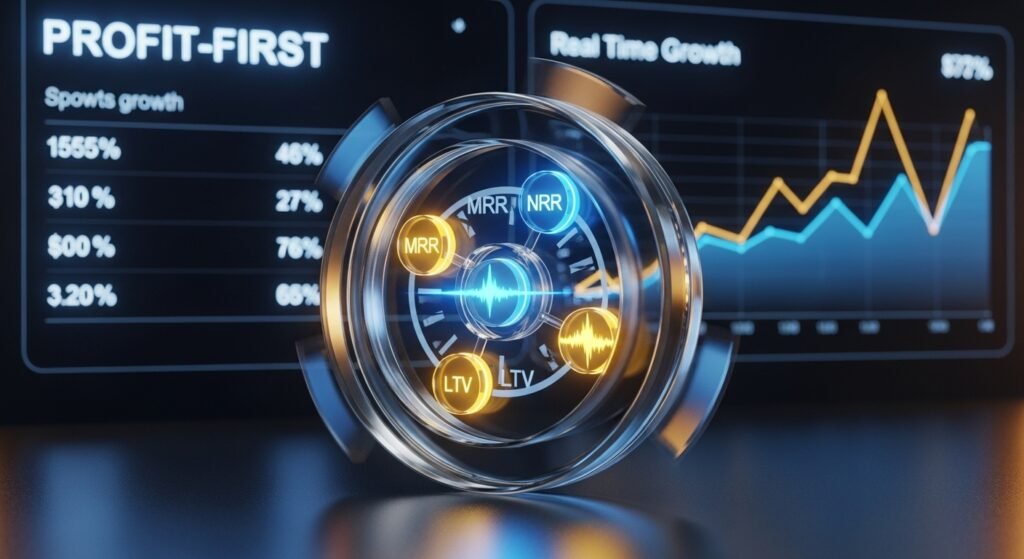 A 3D digital visualization of the Profit-First SaaS marketing framework focusing on recurring revenue retention and capital efficiency for $10M ARR scale.