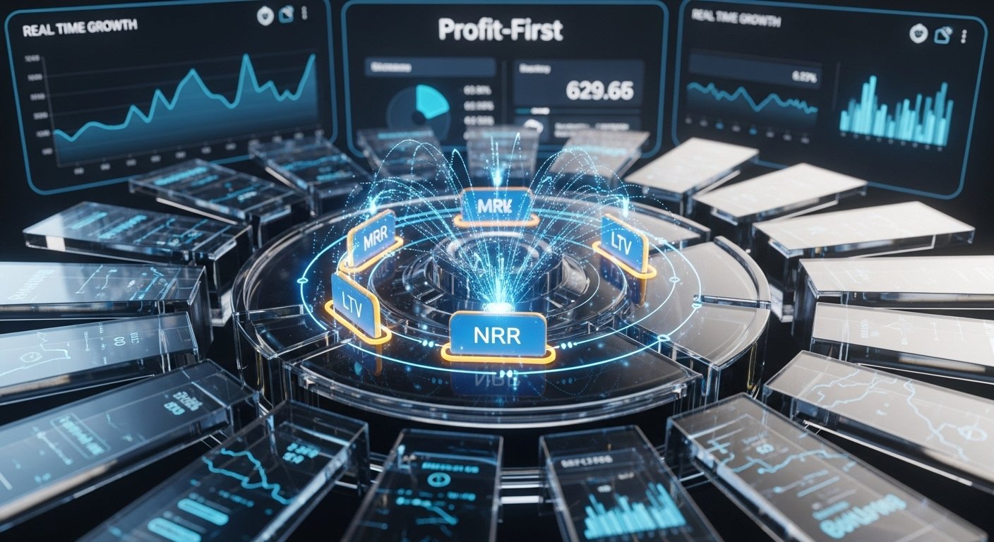 A 3D digital visualization of the Profit-First SaaS marketing framework focusing on recurring revenue retention and capital efficiency for $10M ARR scale.
