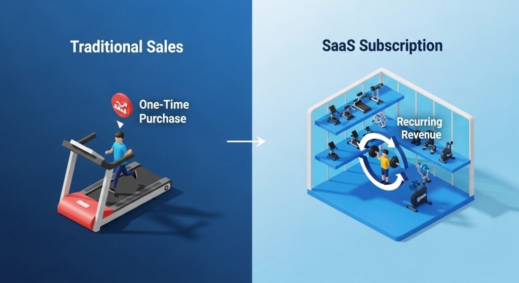 A comparison chart showing the shift from one-time software licenses to recurring SaaS subscription revenue models in the USA market.