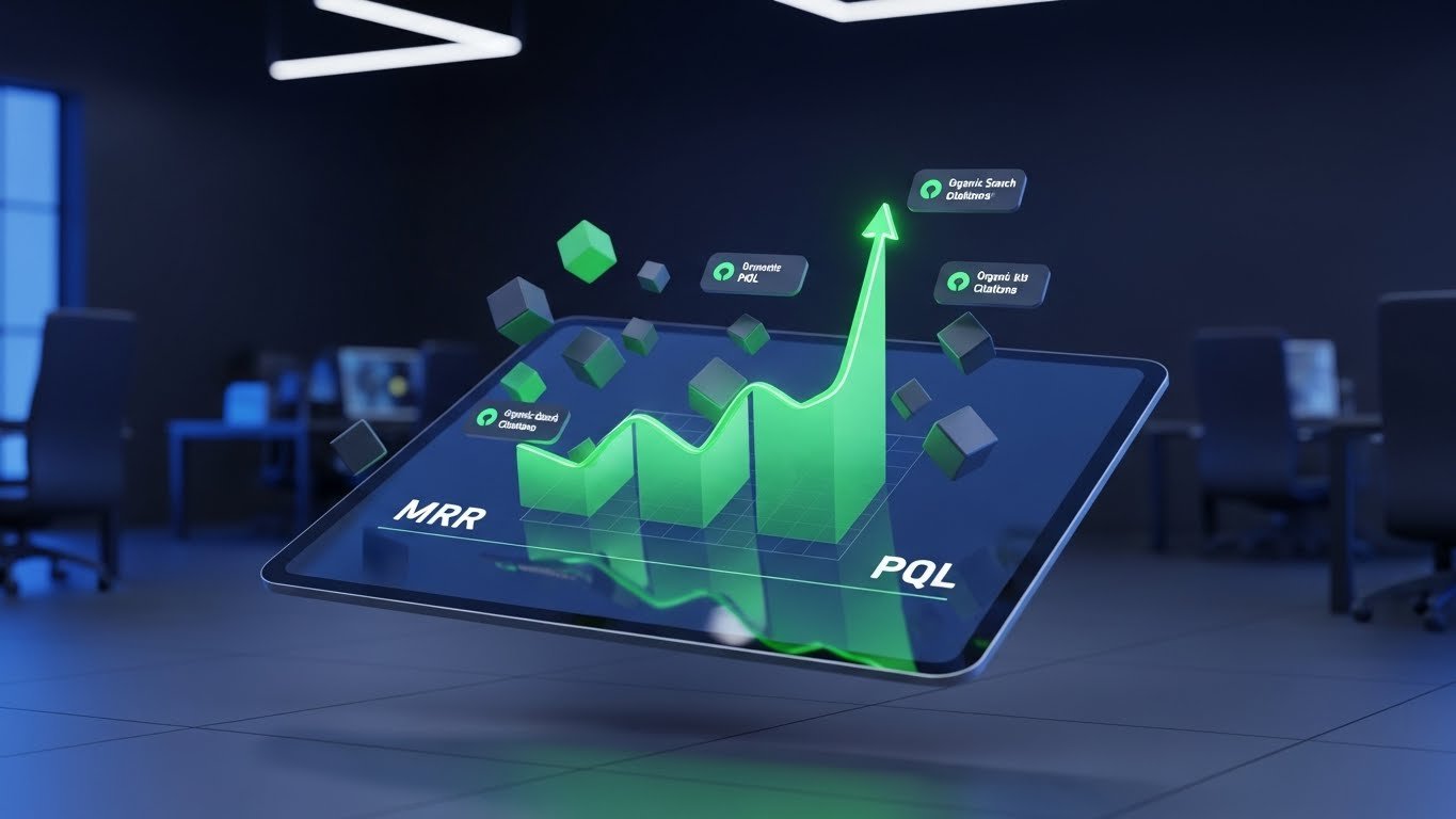 SaaS SEO agency framework 2026 featured image showing a 3D growth dashboard for scaling MRR and Product Qualified Leads (PQL) through organic search attribution.