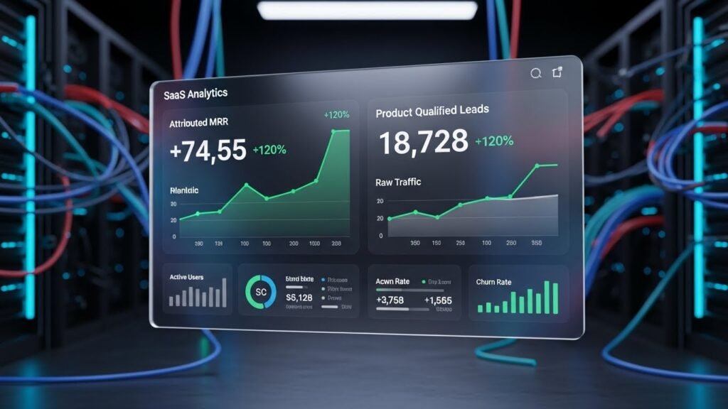 SaaS SEO agency dashboard 2026 showing organic search attribution for MRR scaling and product qualified leads (PQL) growth.