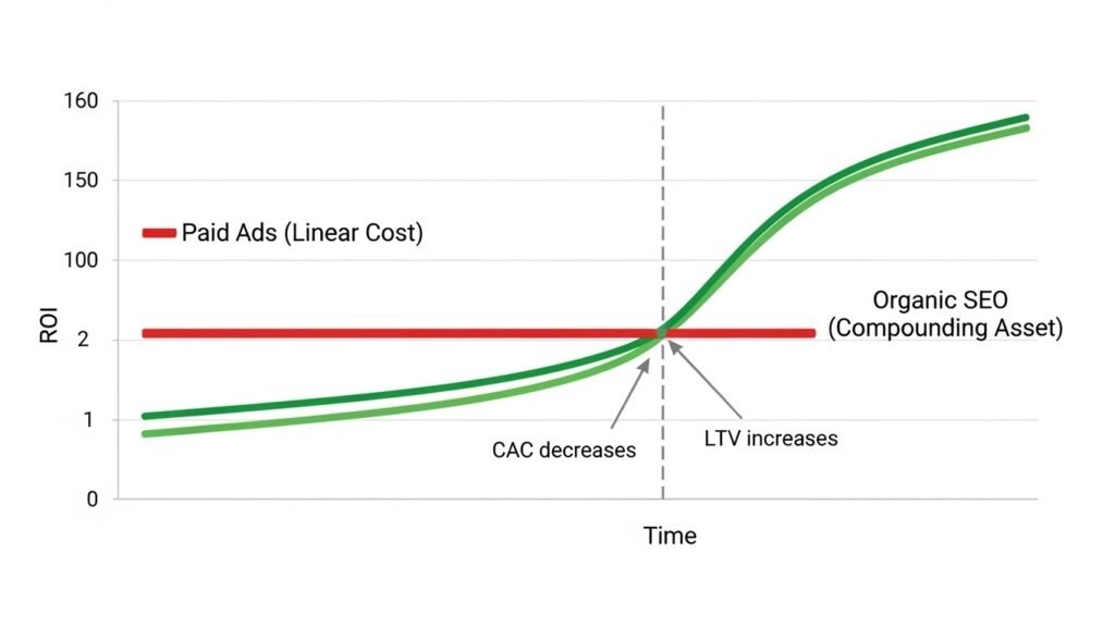 Graph comparing SaaS SEO agency pricing ROI versus paid advertising, highlighting lower CAC payback periods and higher lifetime value (LTV) of organic leads.