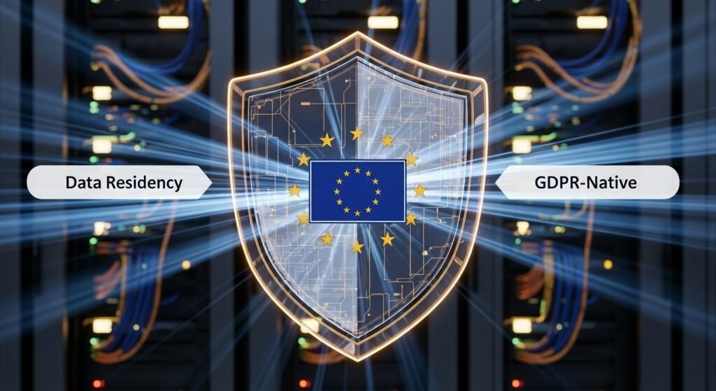 Sovereign Tech compliance and EU data residency visualization for B2B SaaS 2026 A digital shield representing Sovereign Tech compliance and EU data residency for enterprise B2B SaaS procurement.