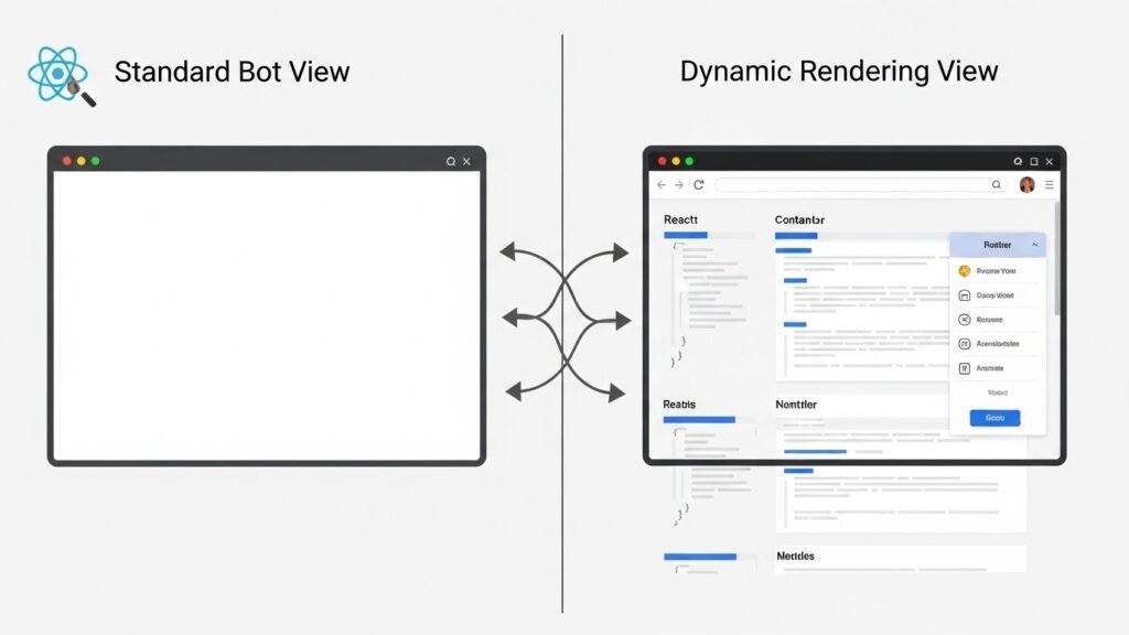 Technical SEO for SaaS platforms comparison showing the impact of dynamic rendering on JavaScript-heavy React and Next.js applications for Google crawlers.