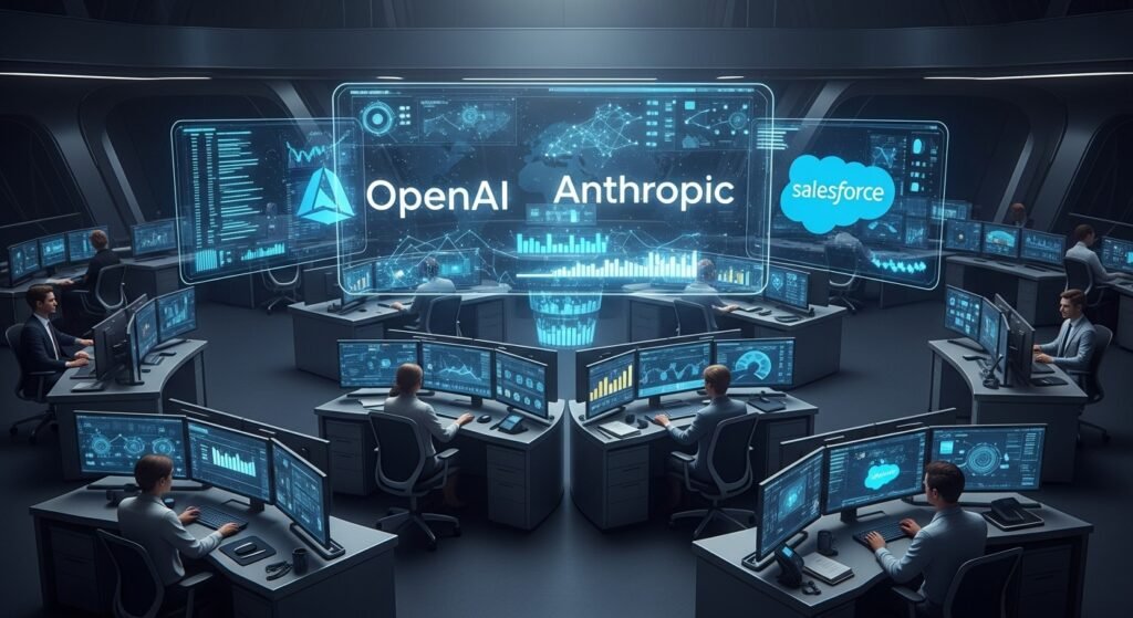  A professional visualization of the 2026 AI SaaS vendor landscape featuring foundational models and enterprise integration hubs for B2B digital transformation.