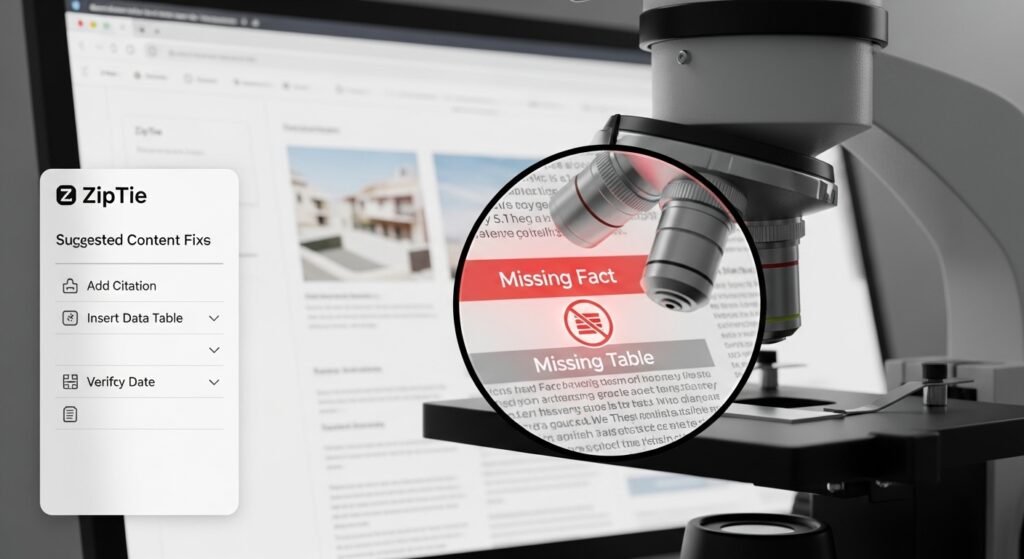 A technical SEO audit showing an Information Gap analysis where a webpage is missing specific data points required by LLMs for citation.