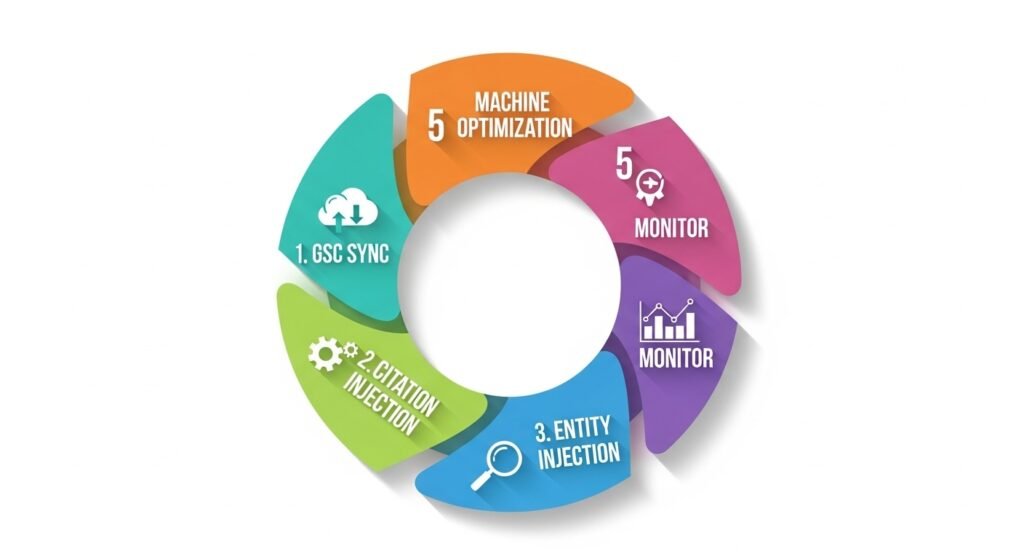A 5-step flowchart for Generative Engine Optimization (GEO) using Ziptie AI Search Analytics.