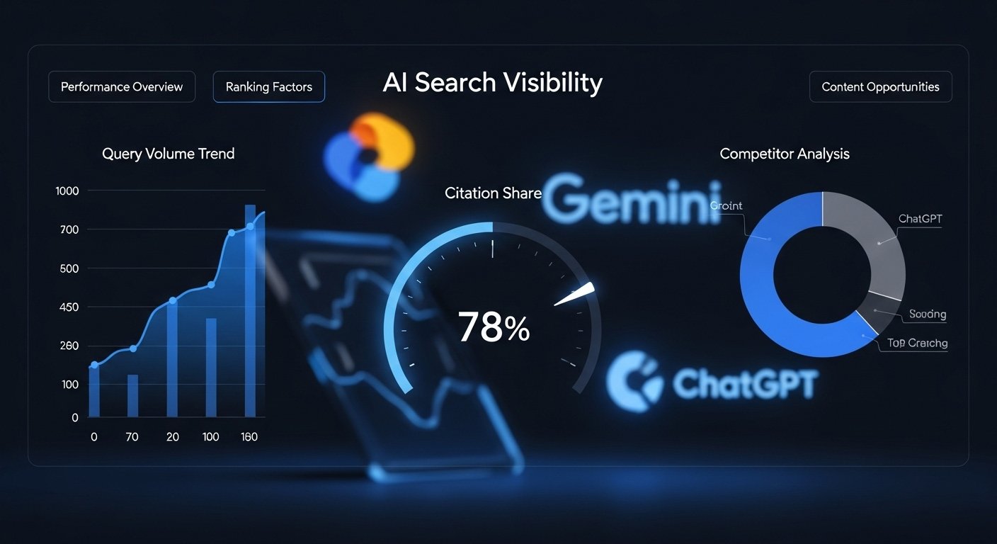 Ziptie AI Search Analytics dashboard interface showing citation share and AI visibility metrics.