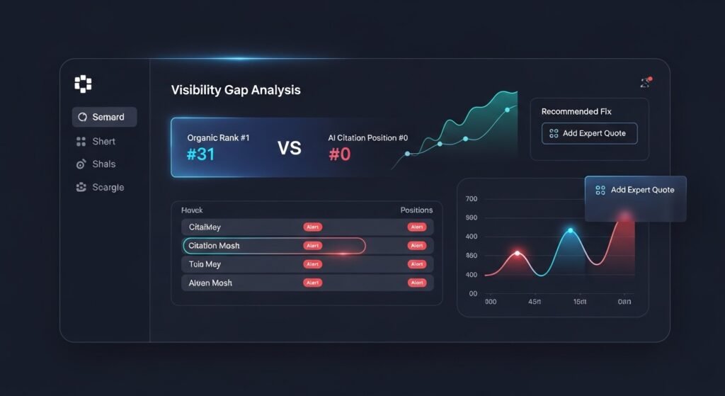 A SaaS dashboard mock-up illustrating a brand's visibility gap between traditional Google rankings and AI Overview citations, highlighting missing opportunities.