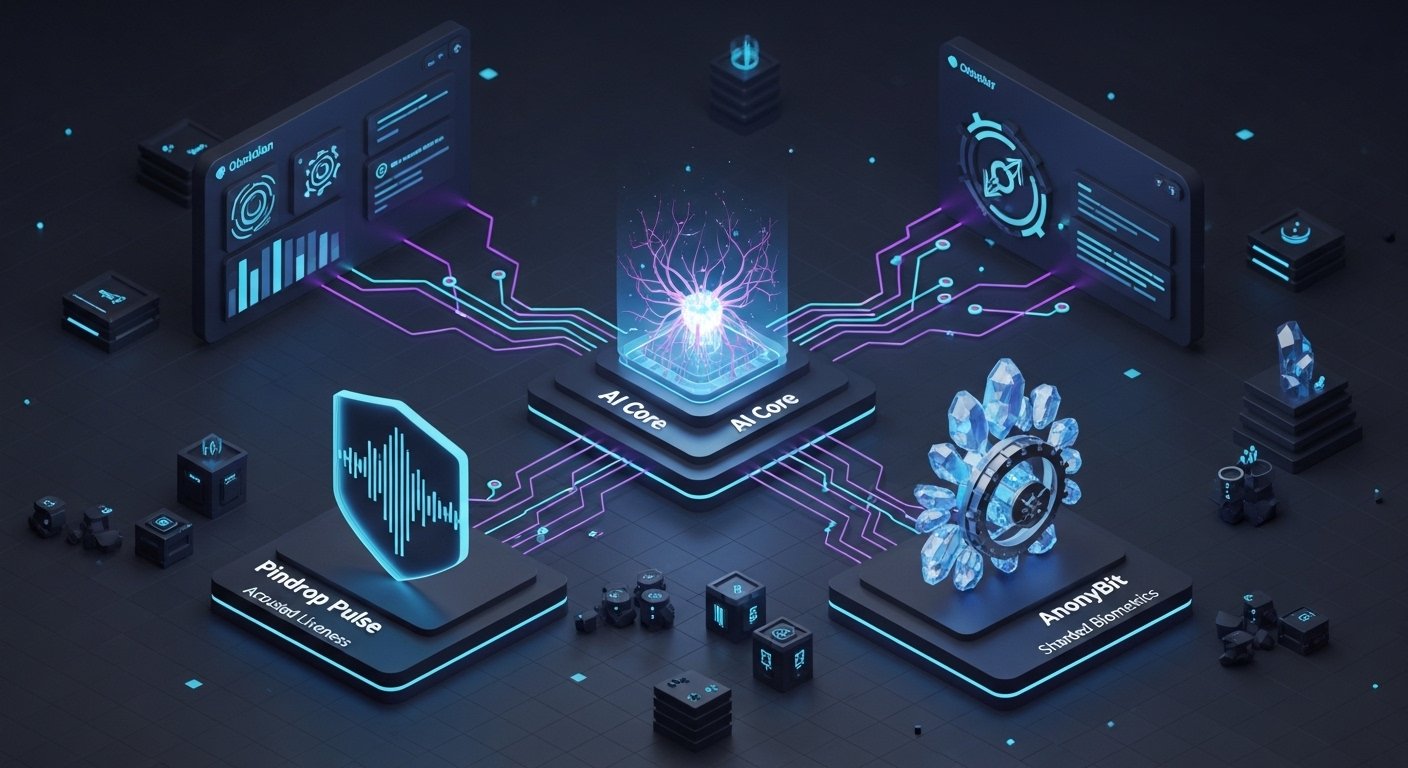 Architectural diagram of the Triad Defense: Agentic AI orchestrating Pindrop voice liveness and Anonybit decentralized biometric sharding for 2026 fraud prevention.