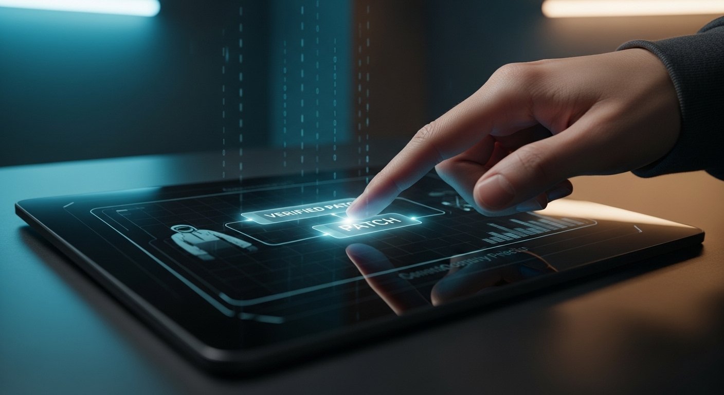 A professional cybersecurity expert interacting with a Flexera SVM dashboard to deploy verified software patches in a 2026 enterprise environment.