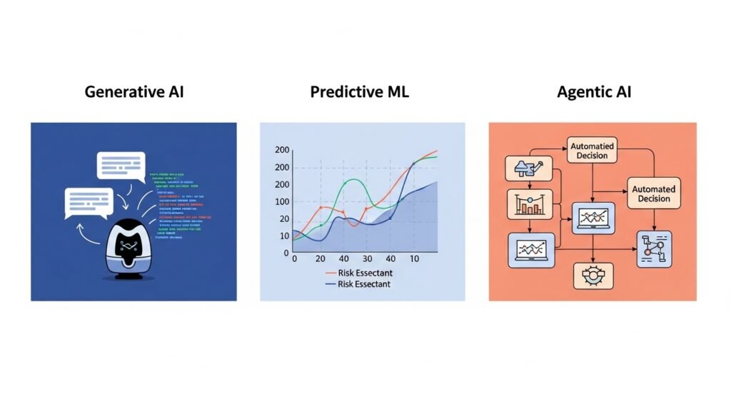 Visual comparison of Generative, Predictive, and Agentic AI models and their enterprise applications