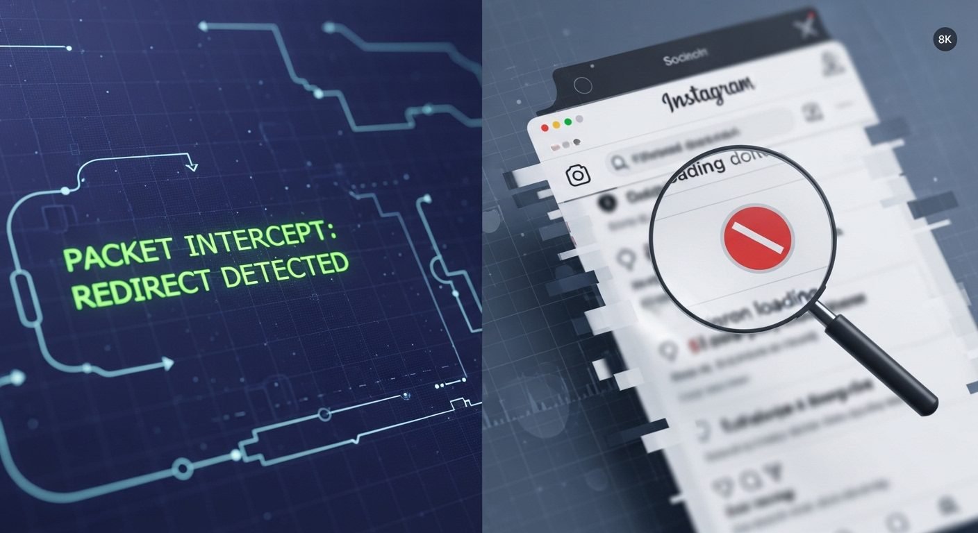 Technical audit graphic showing a redirect loop analysis for Gramhir Pro AI on a professional workstation, highlighting Instagram UI glitches and network interception.