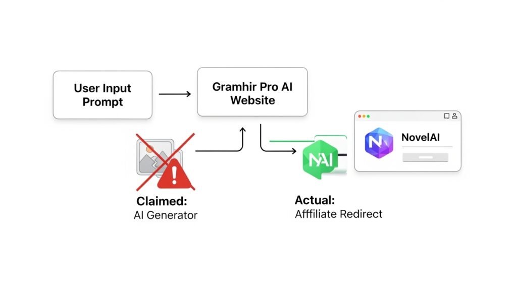 Infographic showing the user journey on Gramhir Pro AI, illustrating the claimed AI generation path versus the actual affiliate redirect path.